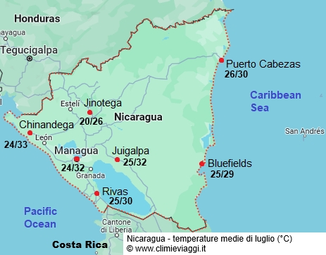 Nicaragua - mappa con le temperature medie a luglio