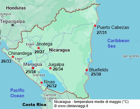 Nicaragua - mappa con le temperature medie a maggio