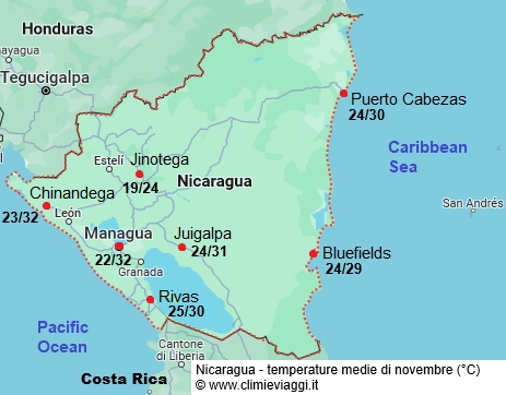 Nicaragua - mappa con le temperature medie a novembre