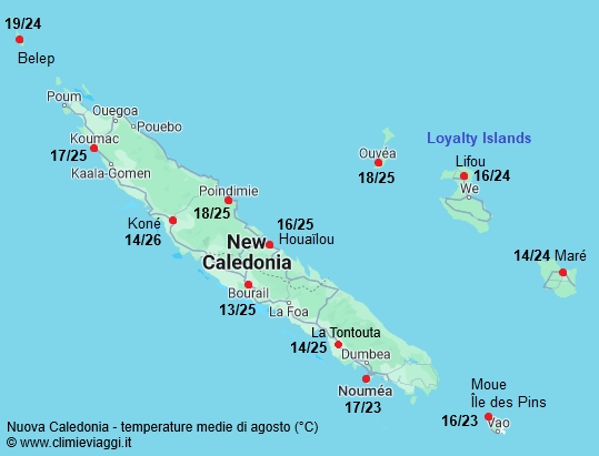 Nuova Caledonia - mappa con le temperature medie a agosto