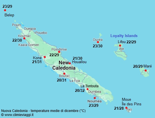 Nuova Caledonia - mappa con le temperature medie a dicembre