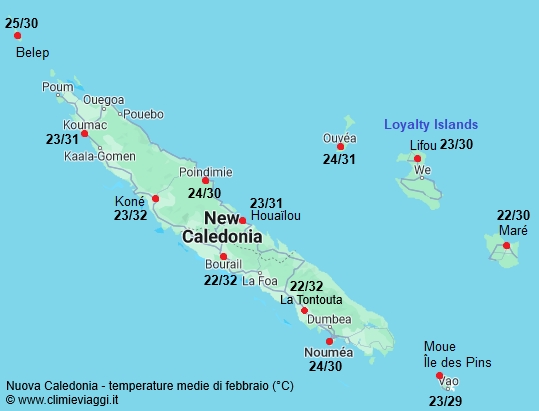 Nuova Caledonia - mappa con le temperature medie a febbraio