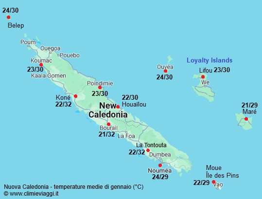 Nuova Caledonia - mappa con le temperature medie a gennaio