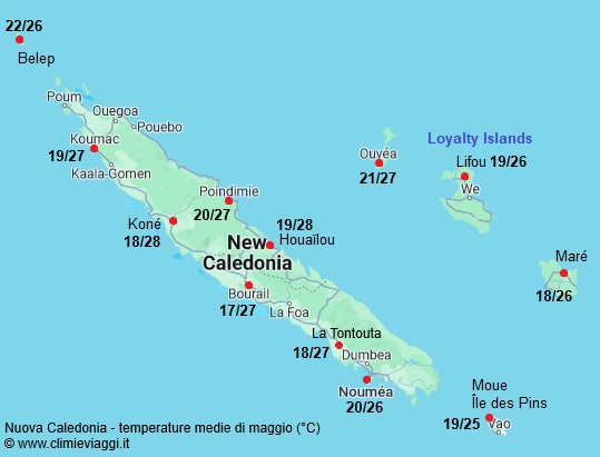 Nuova Caledonia - mappa con le temperature medie a maggio
