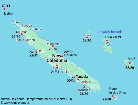 Nuova Caledonia - mappa con le temperature medie a marzo