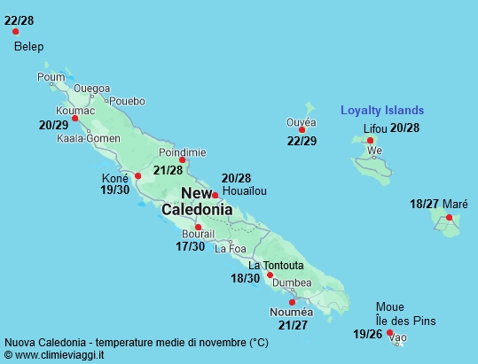 Nuova Caledonia - mappa con le temperature medie a novembre