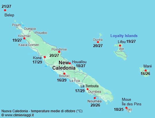 Nuova Caledonia - mappa con le temperature medie a ottobre