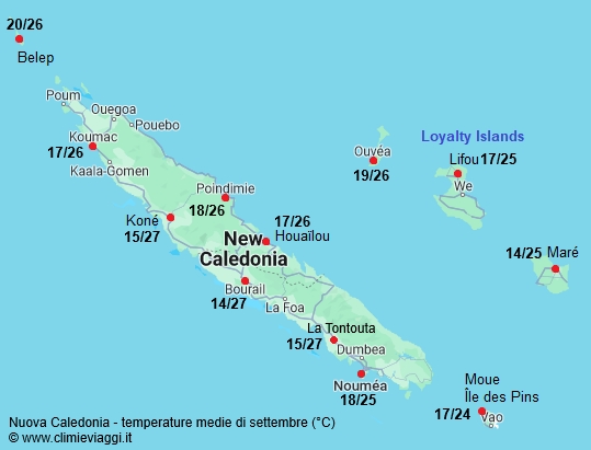 Nuova Caledonia - mappa con le temperature medie a settembre