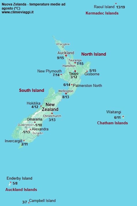 Nuova Zelanda - mappa con le temperature medie a agosto