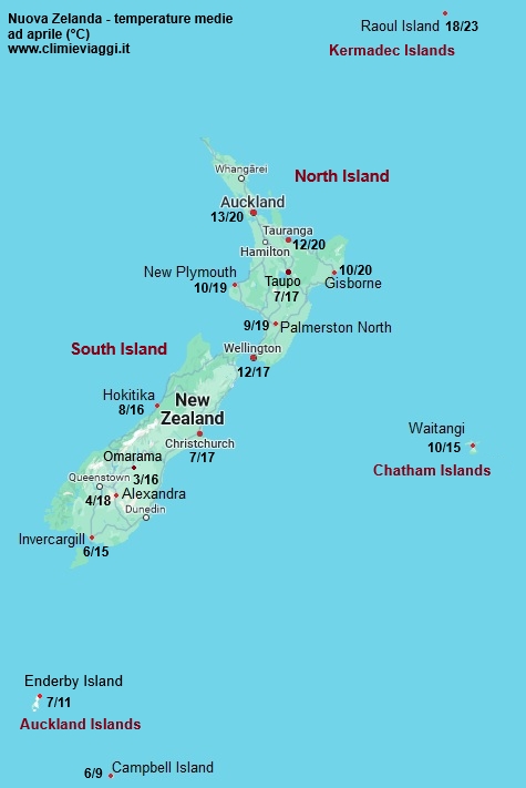 Nuova Zelanda - mappa con le temperature medie a aprile