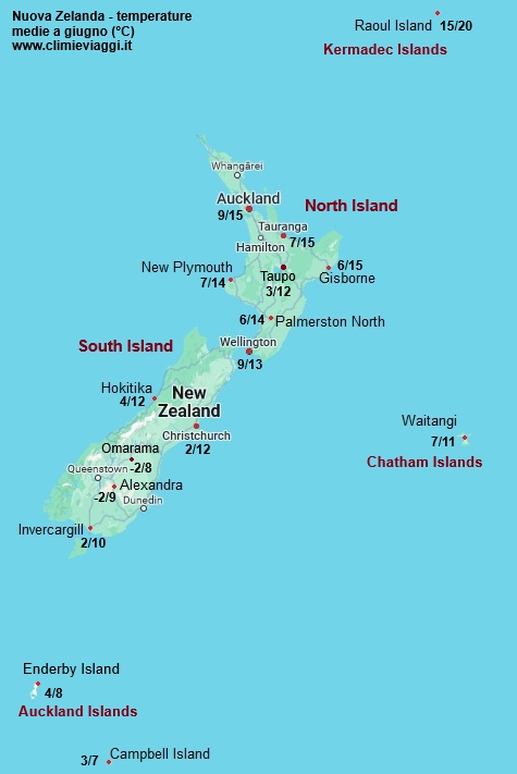 Nuova Zelanda - mappa con le temperature medie a giugno