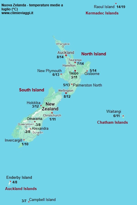 Nuova Zelanda - mappa con le temperature medie a luglio