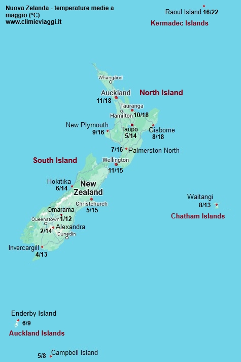 Nuova Zelanda - mappa con le temperature medie a maggio