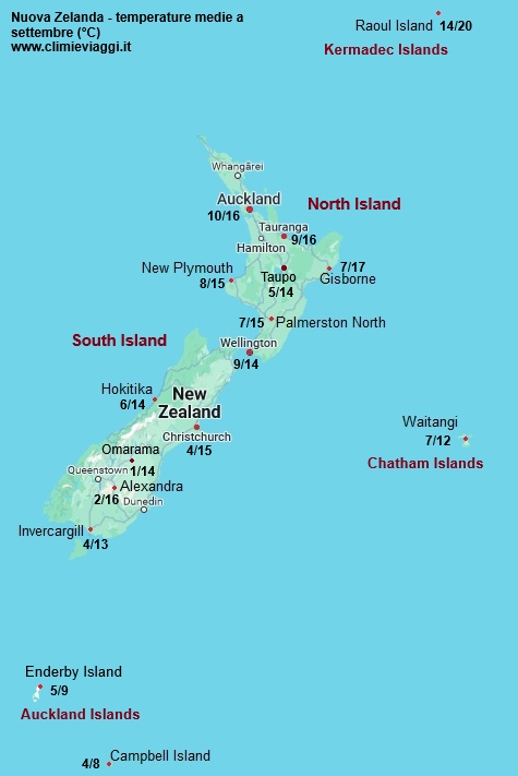 Nuova Zelanda - mappa con le temperature medie a settembre