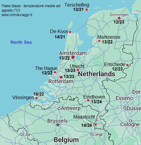 Paesi Bassi - mappa con le temperature medie a agosto (minime e massime)