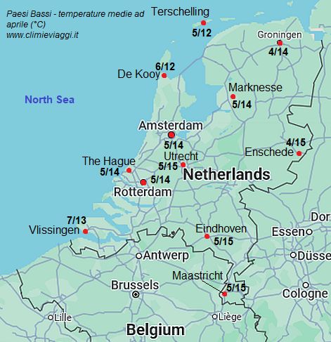 Paesi Bassi - mappa con le temperature medie a aprile (minime e massime)