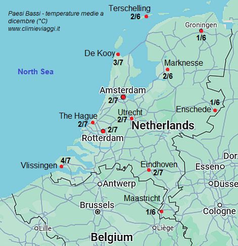 Paesi Bassi - mappa con le temperature medie a dicembre (minime e massime)