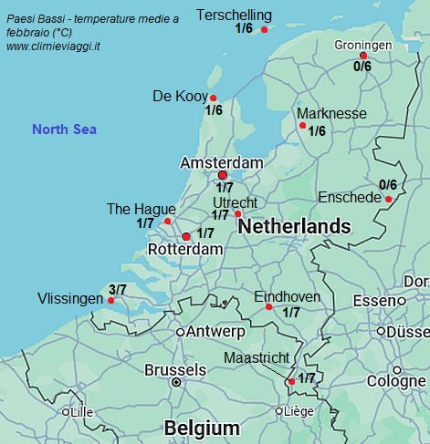 Paesi Bassi - mappa con le temperature medie a febbraio (minime e massime)