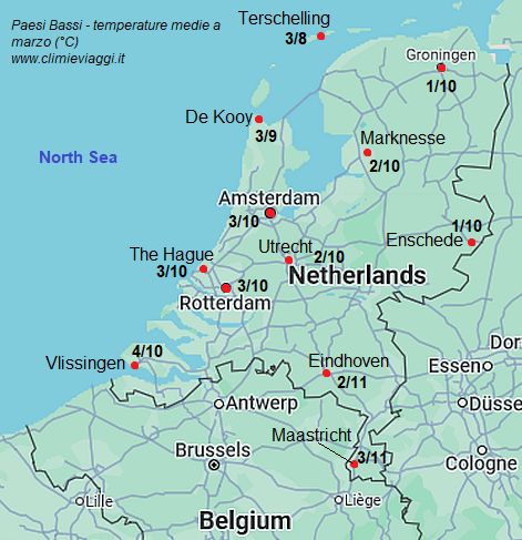 Paesi Bassi - mappa con le temperature medie a marzo (minime e massime)