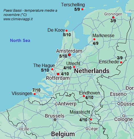 Paesi Bassi - mappa con le temperature medie a novembre (minime e massime)