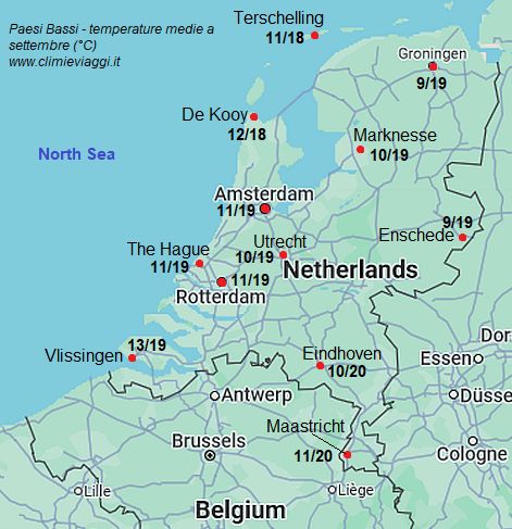 Paesi Bassi - mappa con le temperature medie a settembre (minime e massime)