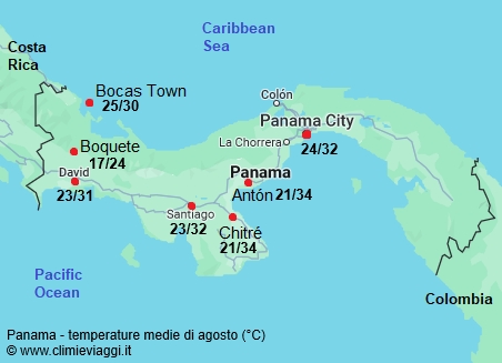 Panama - mappa con le temperature medie a agosto
