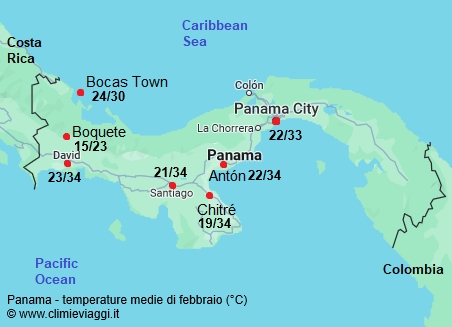 Panama - mappa con le temperature medie a febbraio