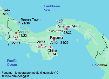Panama - mappa con le temperature medie a gennaio