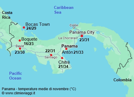 Panama - mappa con le temperature medie a novembre