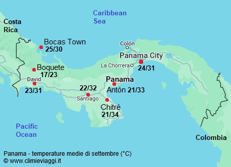 Panama - mappa con le temperature medie a settembre