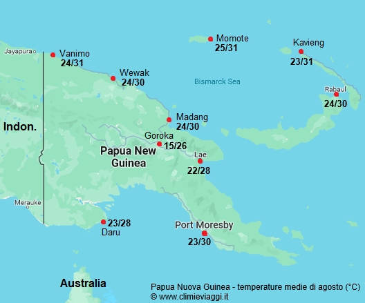 Papua Nuova Guinea - mappa con le temperature medie a agosto