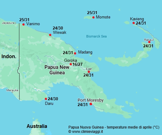 Papua Nuova Guinea - mappa con le temperature medie a aprile