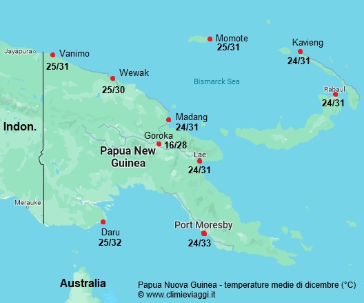 Papua Nuova Guinea - mappa con le temperature medie a dicembre