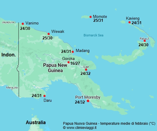Papua Nuova Guinea - mappa con le temperature medie a febbraio