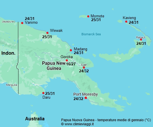 Papua Nuova Guinea - mappa con le temperature medie a gennaio