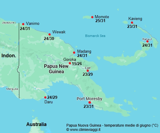 Papua Nuova Guinea - mappa con le temperature medie a giugno