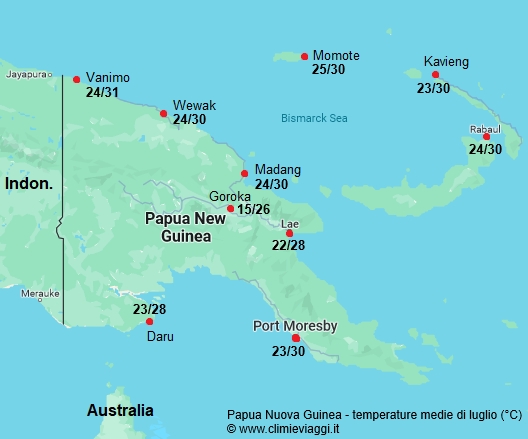 Papua Nuova Guinea - mappa con le temperature medie a luglio
