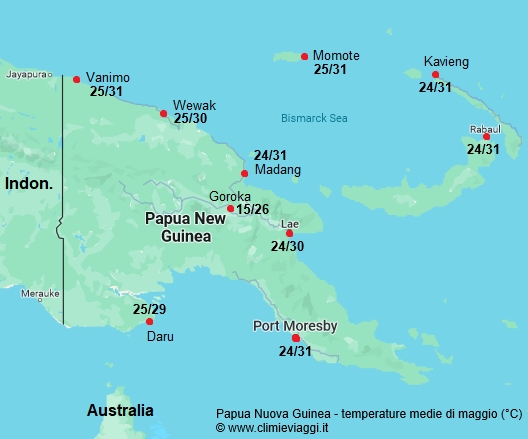 Papua Nuova Guinea - mappa con le temperature medie a maggio