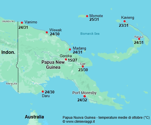 Papua Nuova Guinea - mappa con le temperature medie a ottobre
