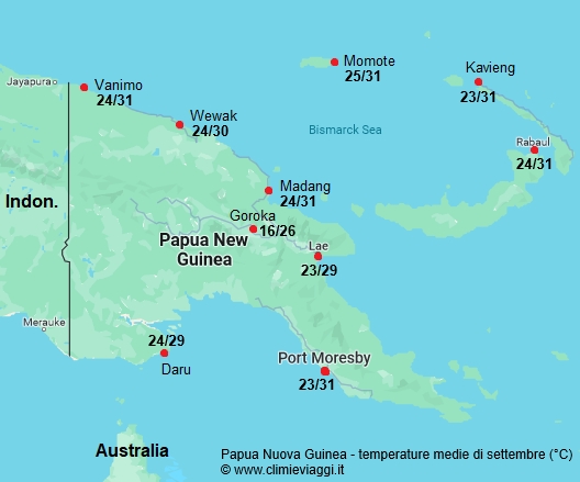 Papua Nuova Guinea - mappa con le temperature medie a settembre