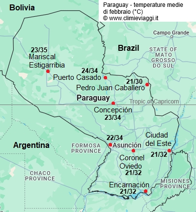 Paraguay - mappa con le temperature medie a febbraio