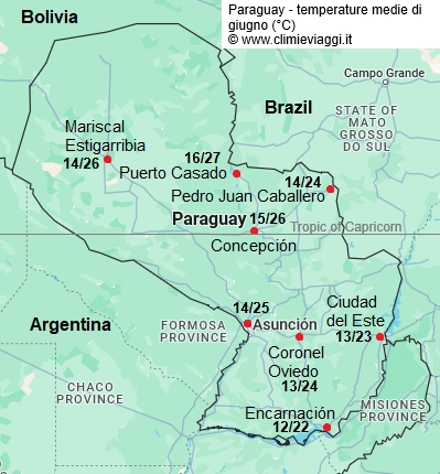 Paraguay - mappa con le temperature medie a giugno