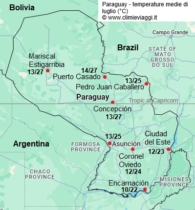 Paraguay - mappa con le temperature medie a luglio