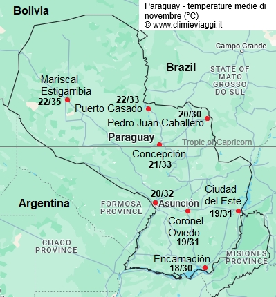 Paraguay - mappa con le temperature medie a novembre