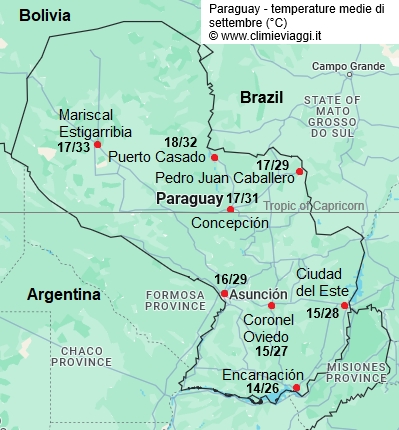 Paraguay - mappa con le temperature medie a settembre