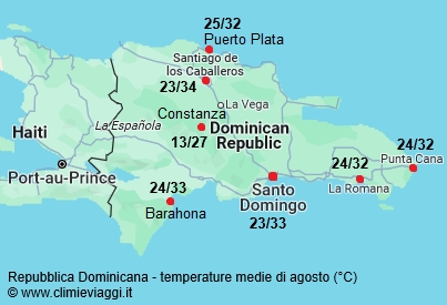 Repubblica Dominicana - mappa con le temperature medie a agosto