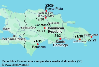 Repubblica Dominicana - mappa con le temperature medie a dicembre