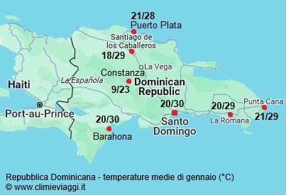 Repubblica Dominicana - mappa con le temperature medie a gennaio
