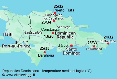 Repubblica Dominicana - mappa con le temperature medie a luglio