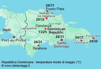 Repubblica Dominicana - mappa con le temperature medie a maggio